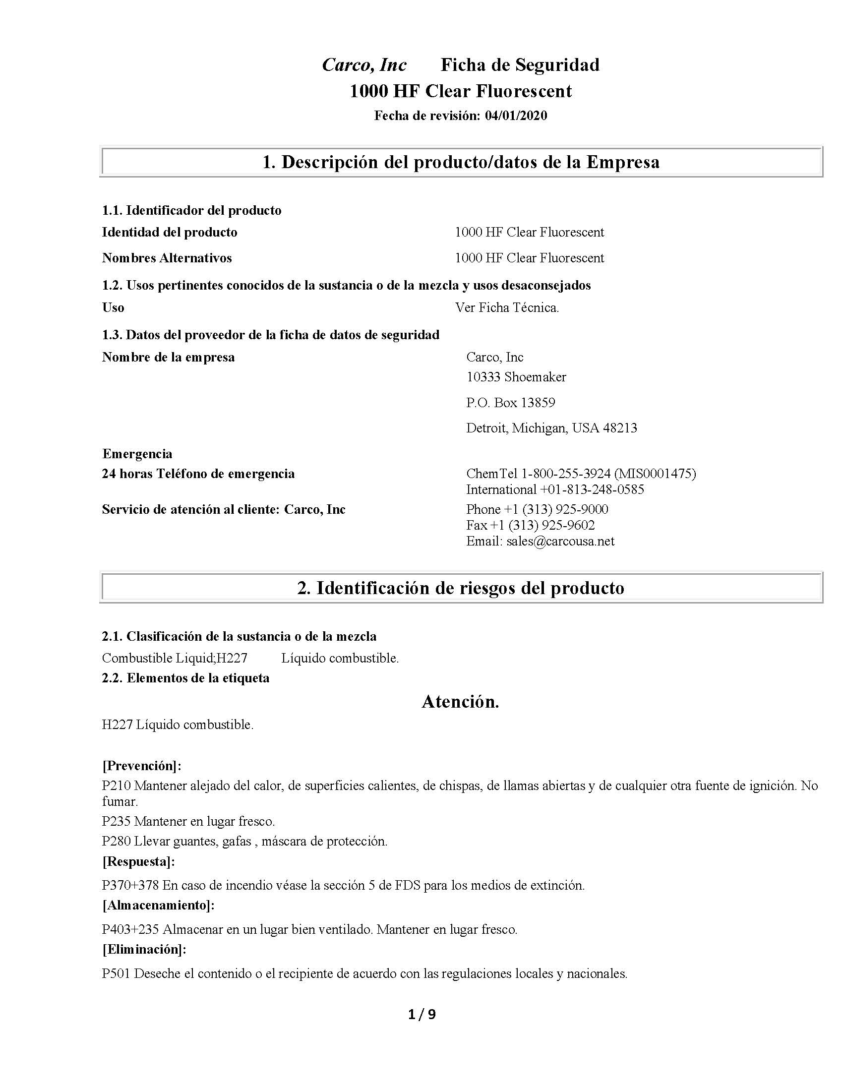 Safety Data Sheets (SDS) Spanish Archives Page 5 of 5 Carco, Inc.