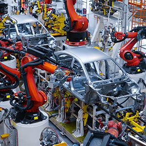Automotive production line. Welding car body. Modern car Assembly plant