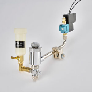 Close-up of a chrome spray gun component with a fluid container and a blue valve for precision applications.