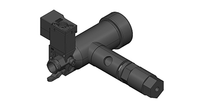 3D rendering of a hydraulic valve assembly with attachment points and control features for industrial applications.
