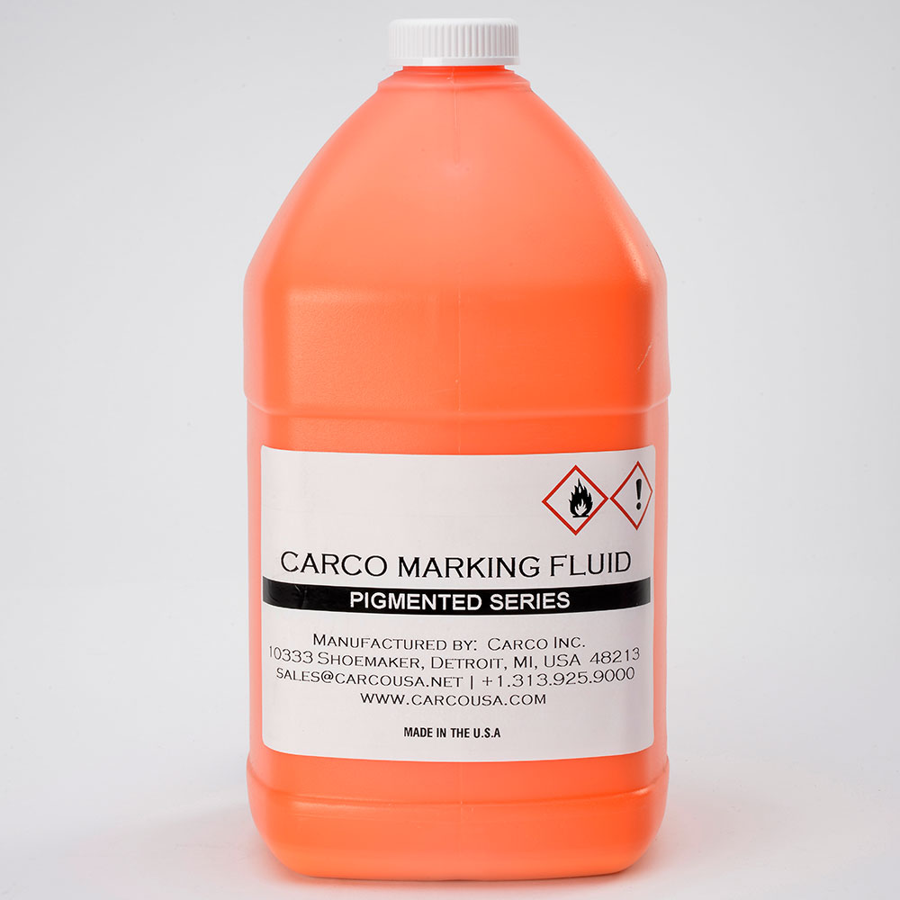 Orange Carco Marking Fluid jug, used for industrial marking applications, featuring hazard symbols and manufacturing details.