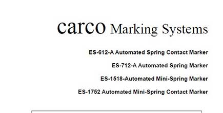 Carco Marking Systems product list featuring automated spring contact markers and mini-spring markers.
